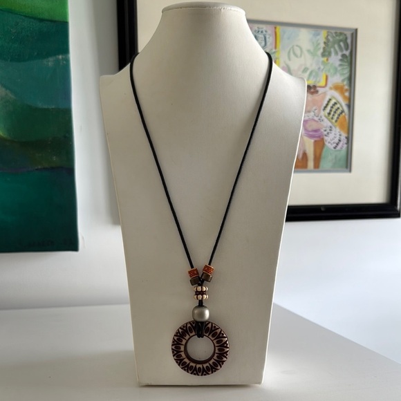 Long, Earth Toned Statement Necklace with Tribal Vibes - Picture 2 of 5